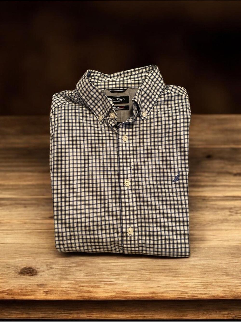 Nautica Men's Navy and White Check Button-Down Shirt Size M